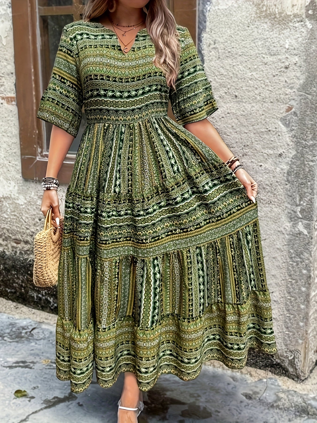 Sylpha | Women's Day Dress With Ethnic Print Design And Flowing Tiered Skirt | Casual