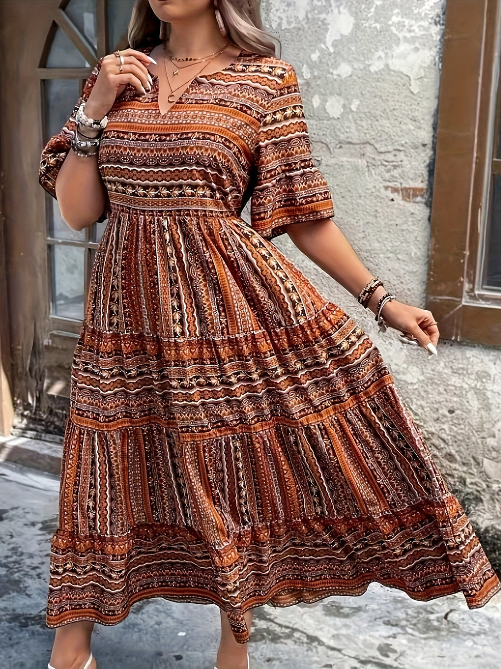 Sylpha | Women's Day Dress With Ethnic Print Design And Flowing Tiered Skirt | Casual
