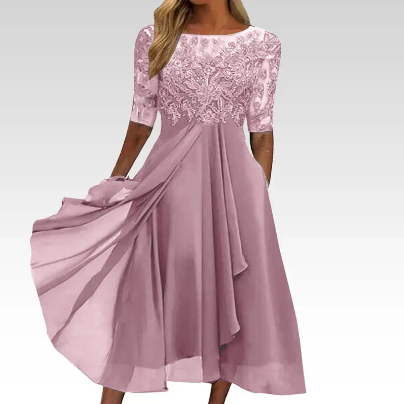 Sylvana | Women's Floral Dress With Lace Embroidered Bodice And Tea Length Skirt | Elegant