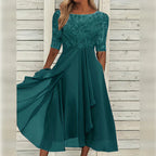 Sylvana | Women's Floral Dress With Lace Embroidered Bodice And Tea Length Skirt | Elegant