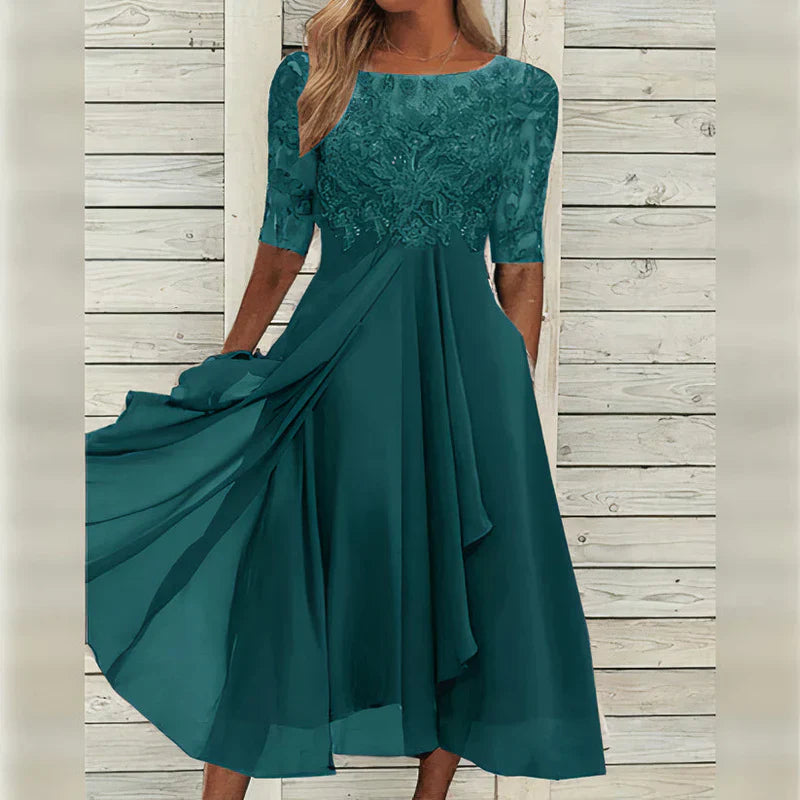 Sylvana | Women's Floral Dress With Lace Embroidered Bodice And Tea Length Skirt | Elegant