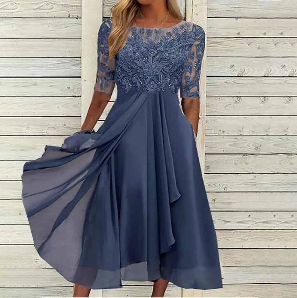 Sylvana | Women's Floral Dress With Lace Embroidered Bodice And Tea Length Skirt | Elegant