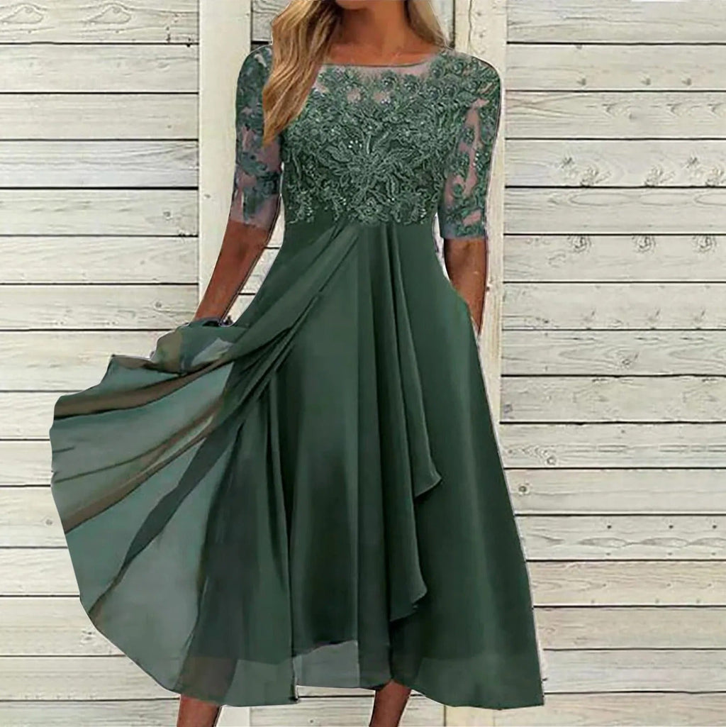 Sylvana | Women's Floral Dress With Lace Embroidered Bodice And Tea Length Skirt | Elegant