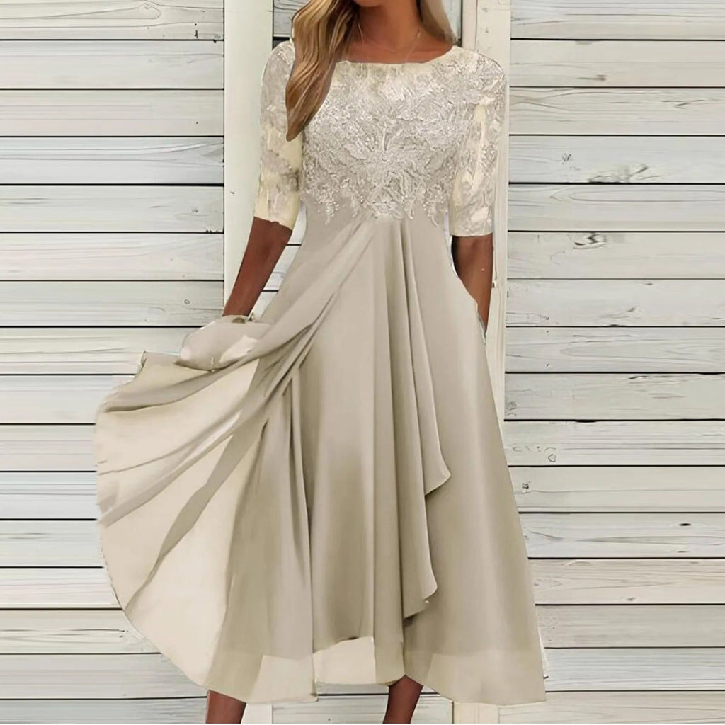 Sylvana | Women's Floral Dress With Lace Embroidered Bodice And Tea Length Skirt | Elegant