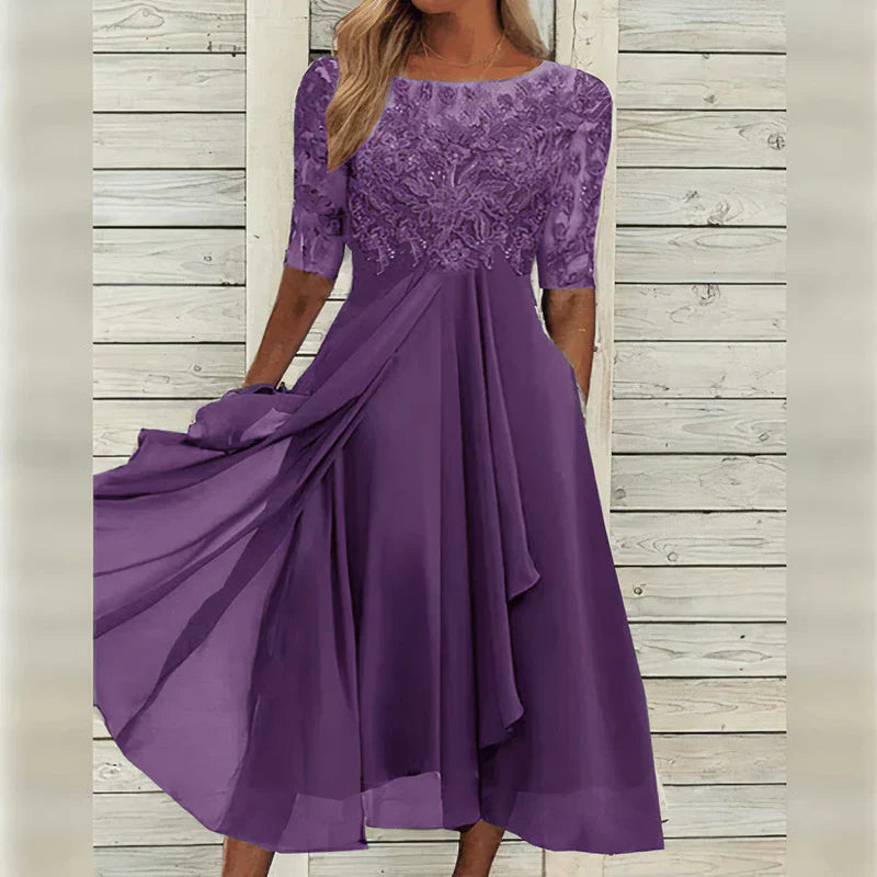 Sylvana | Women's Floral Dress With Lace Embroidered Bodice And Tea Length Skirt | Elegant