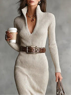 Valériea | Women’s Formal Dress With Knit Fabric And Belted Waist | Elegant