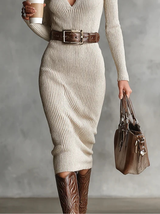 Valériea | Women’s Formal Dress With Knit Fabric And Belted Waist | Elegant